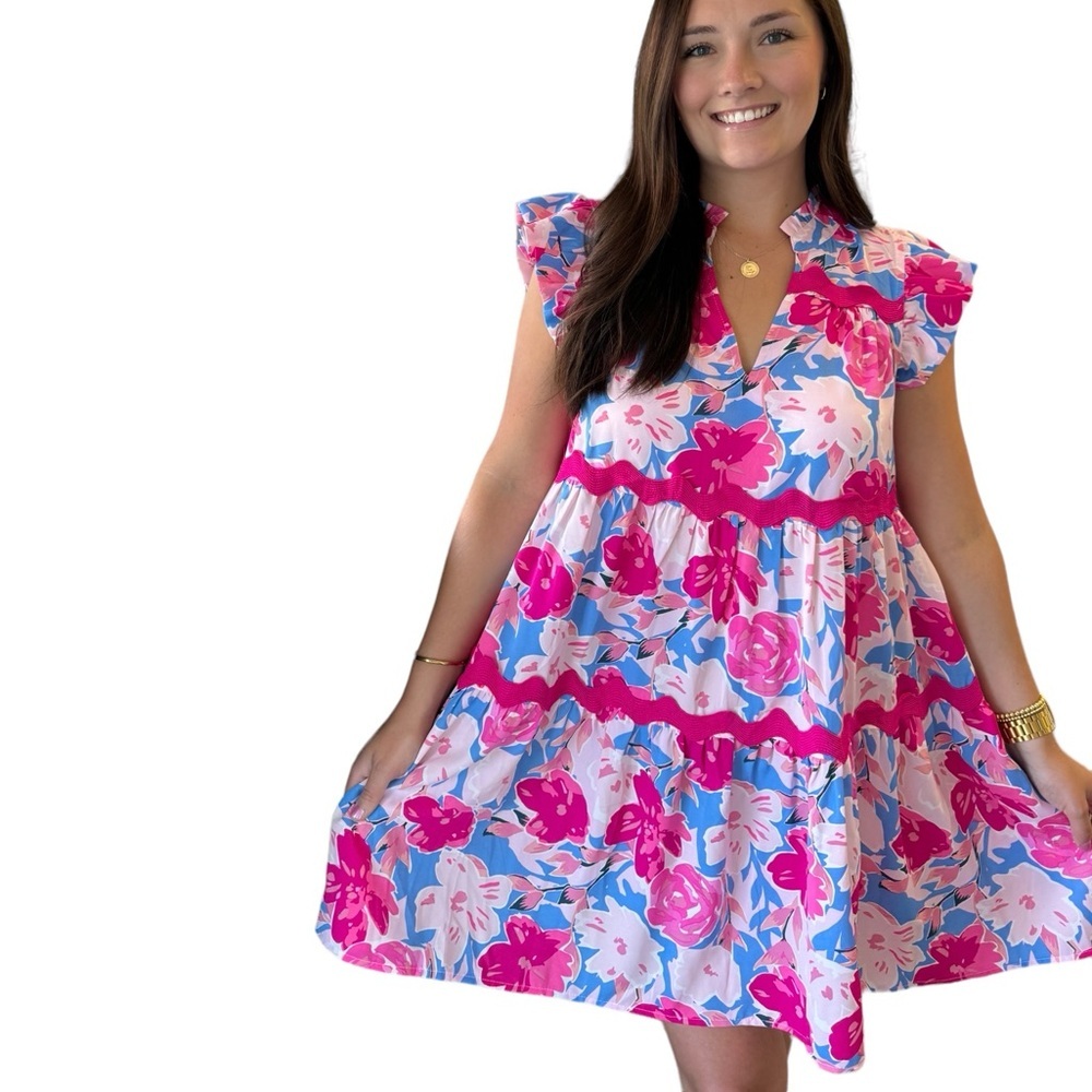 Pink and Blue Floral Rose Umgee Mini Dress